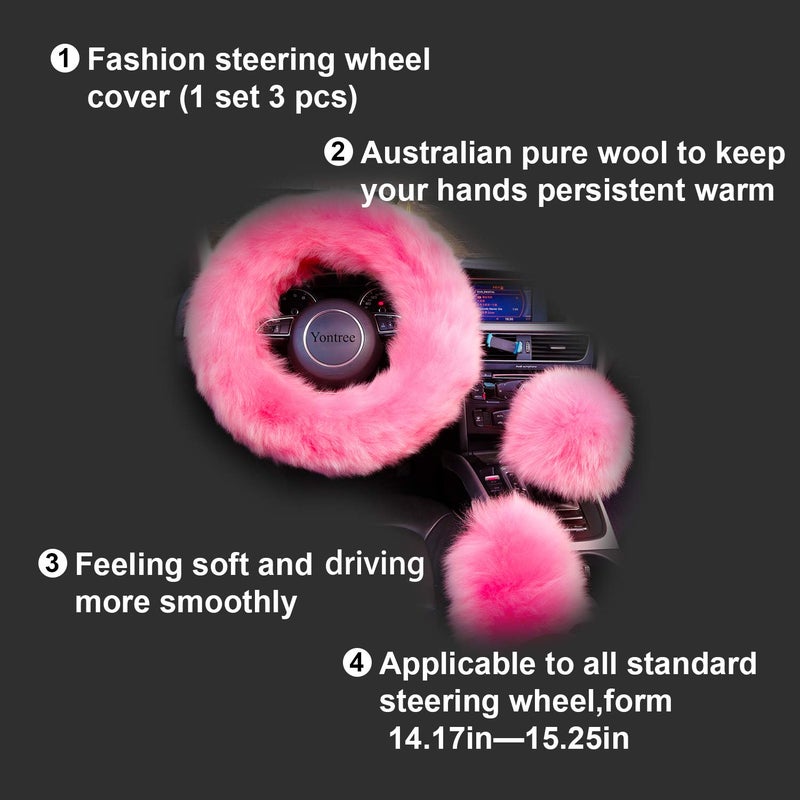 Yontree Cute Fluffy Steering Wheel Covers for Women/Girls/Ladies Australia Pure Wool 15 Inch1 Set 3 Pcs (Pink) - Image 4